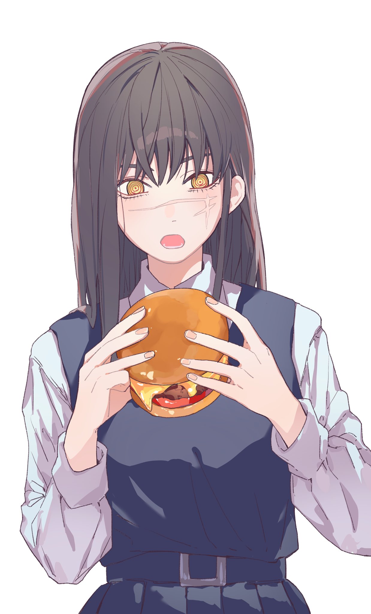 1girl black_hair burger chainsaw_man cross_scar dress food fourth_east_high_school_uniform highres holding holding_food long_hair looking_at_object open_mouth pinafore_dress ringed_eyes scar scar_on_cheek scar_on_face school_uniform simple_background sleeveless sleeveless_dress solo valentine_(02140314c) white_background yellow_eyes yoru_(chainsaw_man)