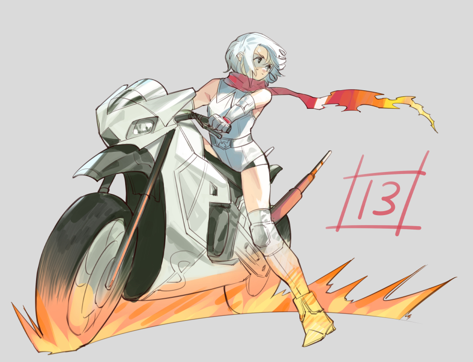 1girl bare_shoulders bukimi_isan elbow_gloves fire flame gloves goggles grey_background leotard looking_to_the_side on_motorcycle red_scarf scarf short_hair shy_(character) shy_(series) simple_background solo thigh-highs torn_scarf white_footwear white_gloves white_hair white_leotard white_thighhighs