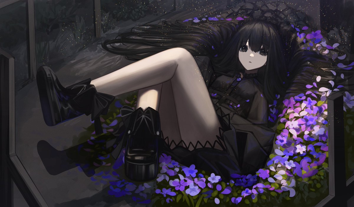 1girl :&lt; black_bow black_dress black_eyes black_footwear black_hair bow breasts brooch commentary crossed_legs dark dirt dress expressionless feet_up fence flower flower_bed footwear_bow gothic_lolita hair_between_eyes hair_over_eyes hair_spread_out hole jewelry knees_up light_particles lolita_fashion long_bangs long_hair looking_at_viewer lying on_back original pale_skin parted_lips platform_footwear purple_flower shadow small_breasts solo very_long_hair wooden_fence yamada_maya_(yamdmay)