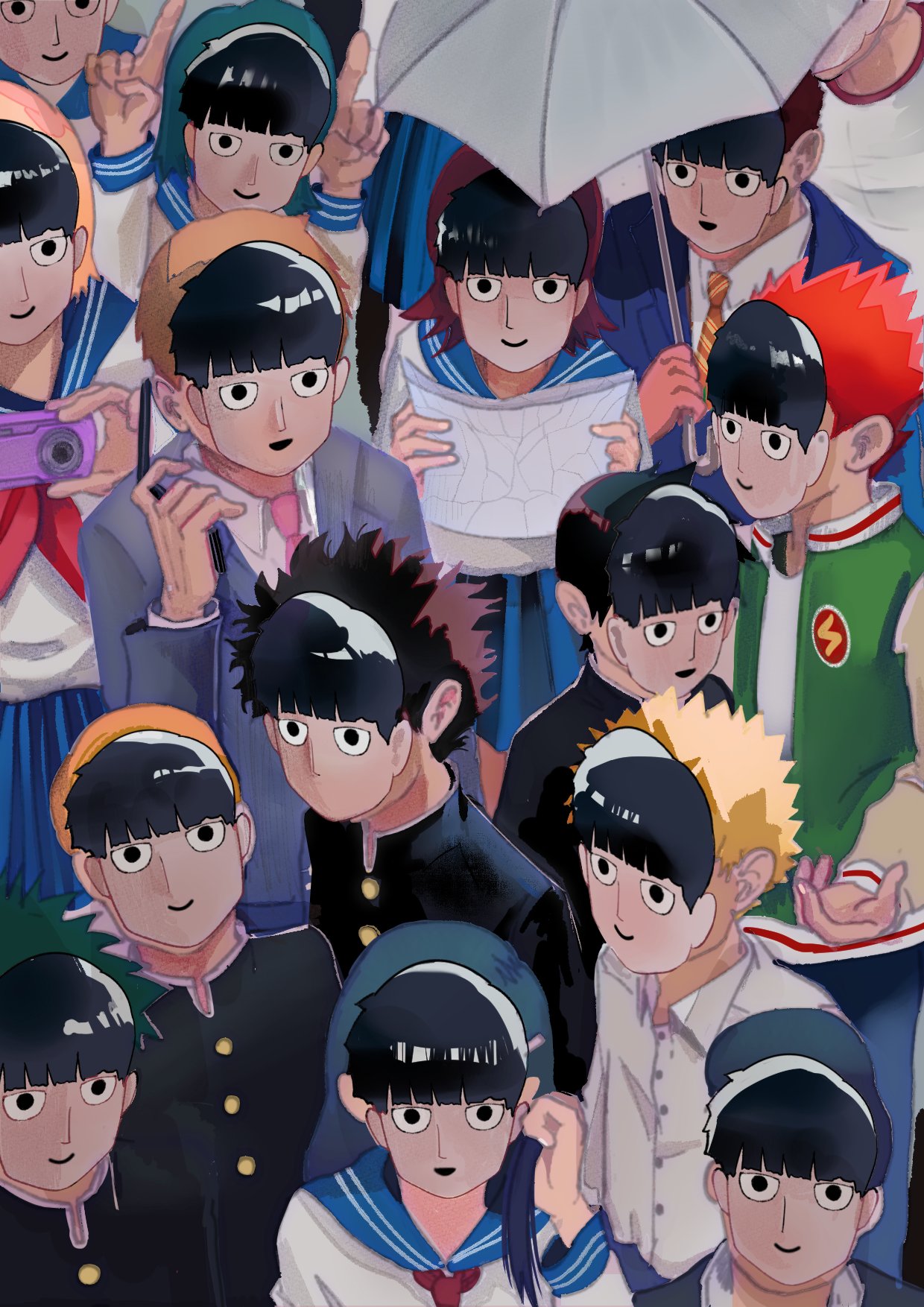 4girls 6+boys arm_up black_hair blonde_hair blue_suit bowl_cut buttons camera character_mask character_request formal green_hair grey_hair grey_suit hanazawa_teruki highres holding holding_camera holding_map holding_umbrella index_fingers_raised kageyama_ritsu kageyama_shigeo konchiolin long_hair map mask medium_hair mezato_ichi mob_psycho_100 multiple_boys multiple_girls purple_hair redhead reigen_arataka sailor_collar school_uniform serizawa_katsuya shirt short_hair smile spiky_hair suit suzuki_shou takane_tsubomi umbrella white_shirt