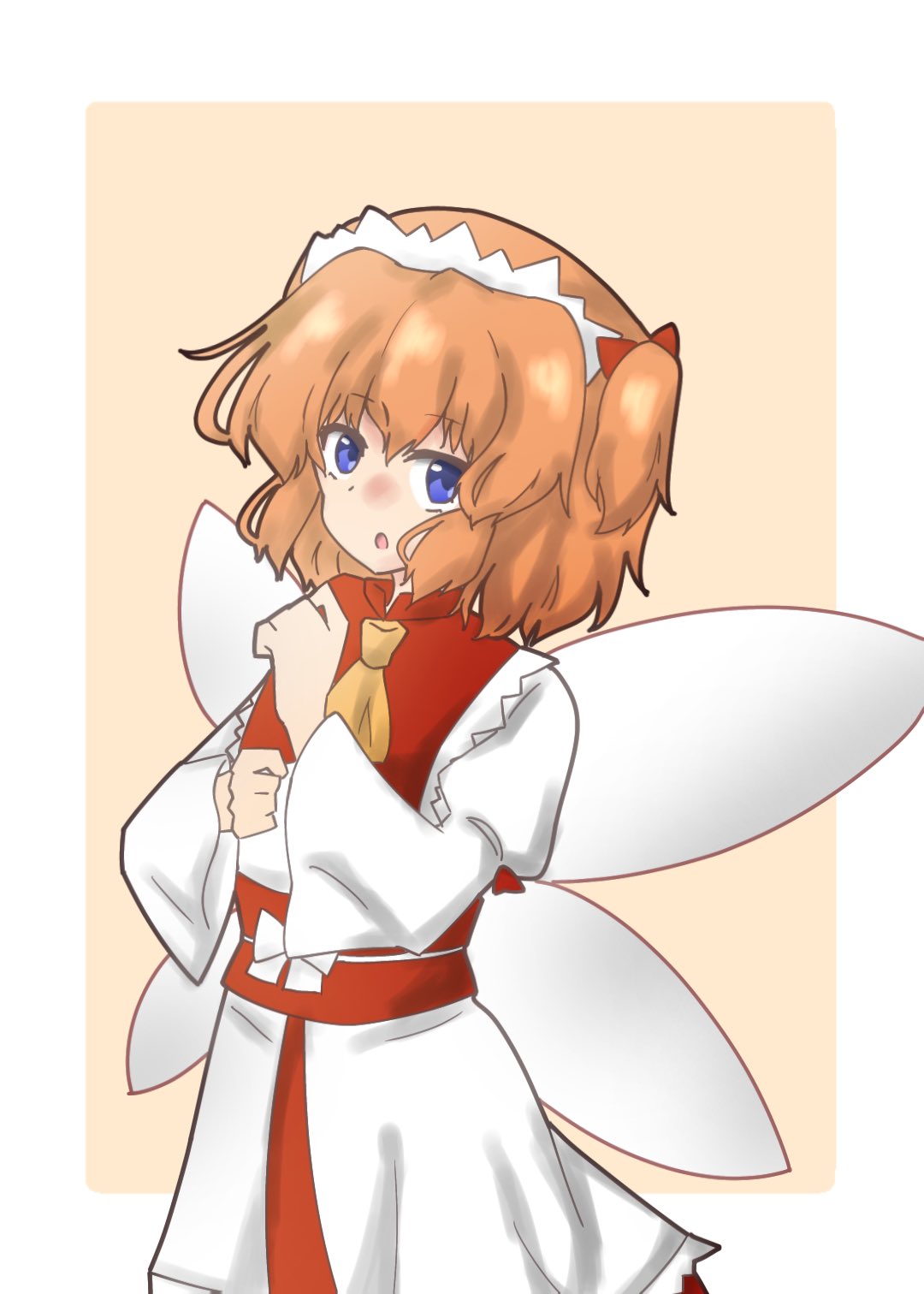 1girl baystarsapphire blue_eyes dress fairy_wings highres long_sleeves looking_at_viewer red_dress redhead short_hair solo sunny_milk tiara touhou two_side_up wings