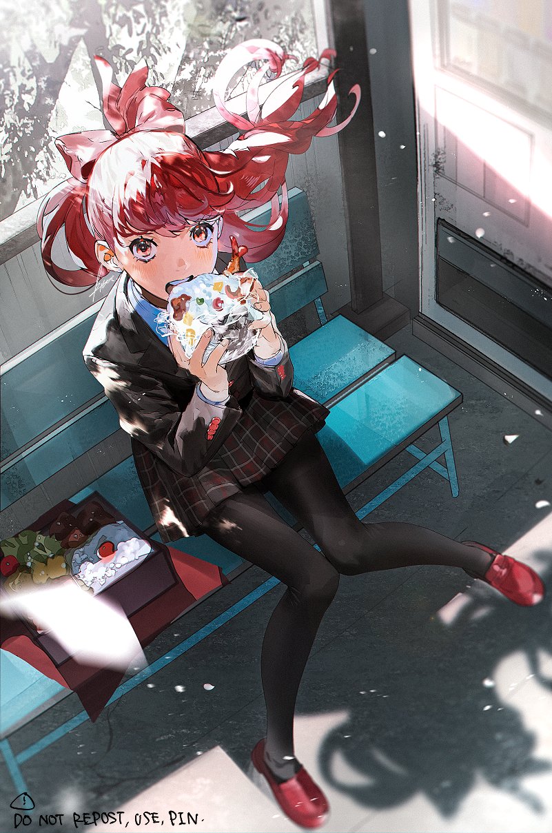 1girl bench black_jacket black_pantyhose bow btmr_game day eating eyelashes food hair_bow highres holding holding_food jacket long_hair long_sleeves looking_at_viewer outdoors pantyhose persona persona_5 persona_5_the_royal plaid plaid_skirt ponytail red_bow red_eyes red_footwear redhead school_uniform shoes shuujin_academy_school_uniform signature sitting skirt solo yoshizawa_kasumi