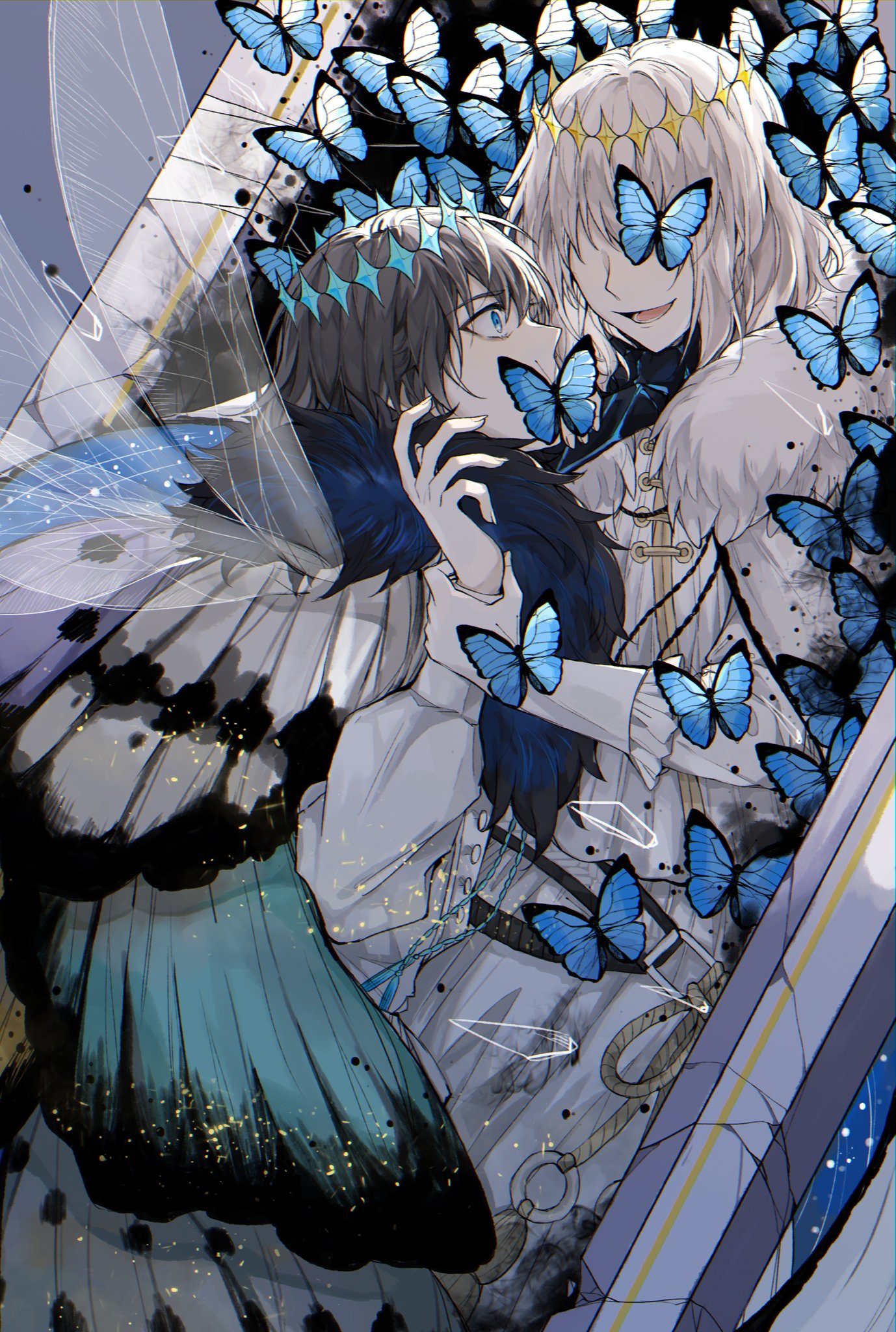 2boys :d aura blue_background blue_butterfly blue_eyes boy_on_top bug butterfly claws cloak coffin covered_mouth crack dark_aura diamond_hairband dragonfly_wings dual_persona fate/grand_order fate_(series) feet_out_of_frame fur-trimmed_cloak fur_trim grey_hair hair_between_eyes hand_on_another's_neck highres holding_another's_wrist insect_wings layered_clothes light_particles long_sleeves looking_at_another male_focus medium_hair multiple_boys oberon_(fate) oberon_(third_ascension)_(fate) robe rope_belt shards shirt smile spoilers uncleko5 white_cloak white_hair white_robe white_shirt wide-eyed wings