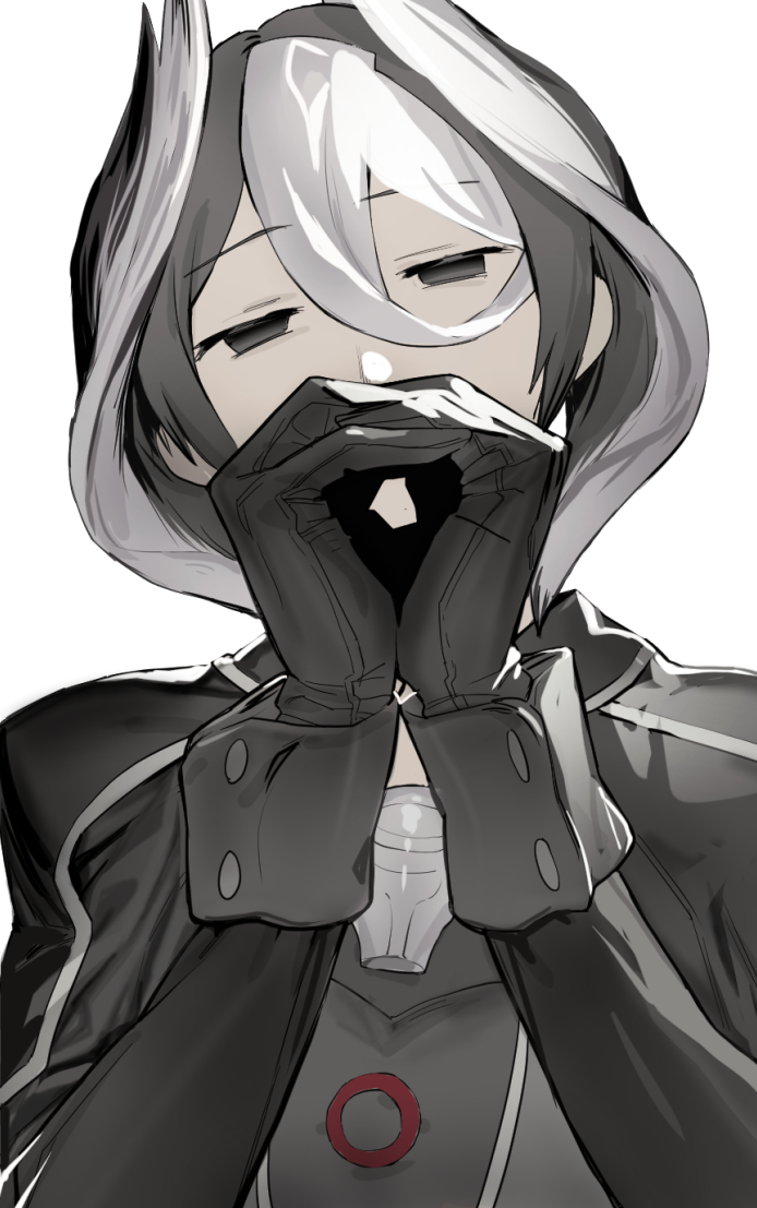 1girl black_eyes black_gloves black_hair commentary empty_eyes gloves hair_between_eyes long_sleeves looking_at_viewer made_in_abyss multicolored_hair own_hands_together ozen short_hair simple_background solo soosaresu symbol-only_commentary upper_body whistle white_background white_hair