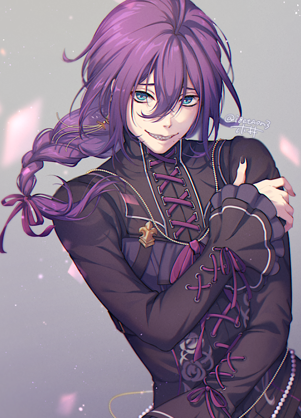 1boy androgynous ayase_mayoi black_nails blue_eyes braid braided_ponytail commentary cross-laced_clothes ensemble_stars! grey_background hair_between_eyes igetaon3 long_sleeves looking_at_viewer male_focus medium_hair purple_hair sharp_teeth signature simple_background solo teeth twitter_username upper_body