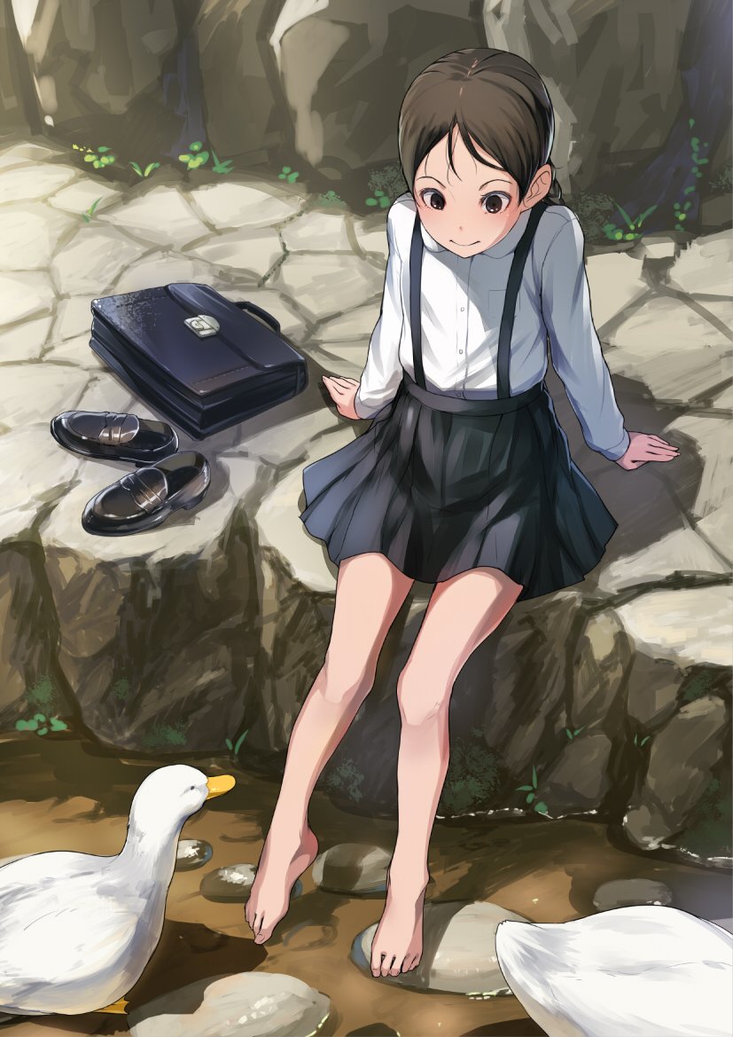 1girl arm_support barefoot bird black_eyes black_footwear black_hair black_skirt braid collared_shirt commentary_request duck loafers long_hair long_sleeves original outdoors pleated_skirt school_briefcase shallow_water shirt shoes shoes_removed sitting skirt smile sody solo suspender_skirt suspenders toes twin_braids water white_shirt