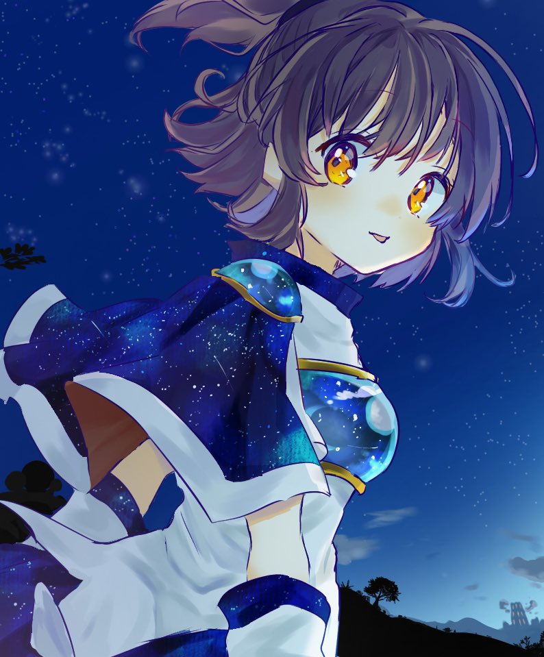 1girl arle_nadja armor blue_capelet blue_skirt blush breastplate brown_hair capelet looking_at_viewer looking_to_the_side madou_monogatari nakotorinko night night_sky outdoors ponytail print_capelet puyopuyo skirt sky solo starry_sky_print yellow_eyes