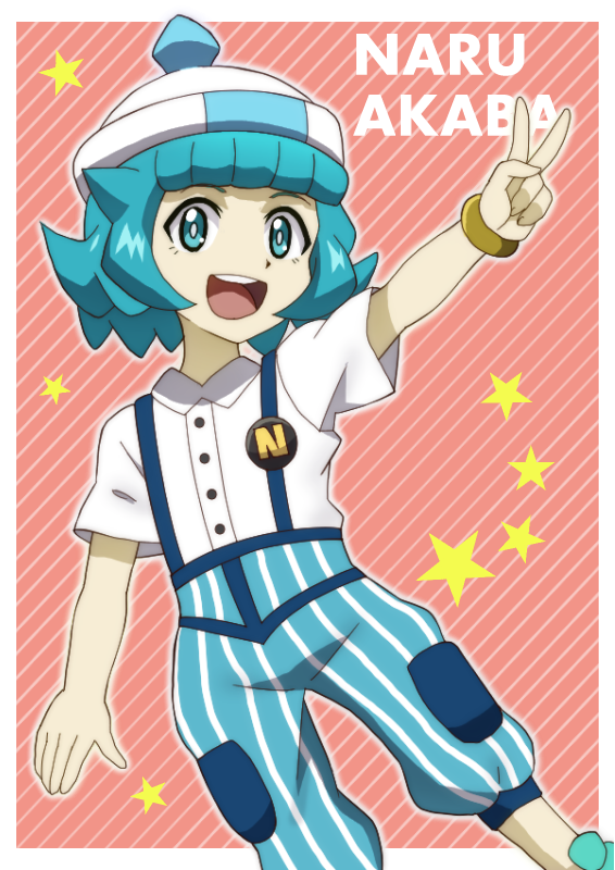 1girl :d akaba_naru aqua_eyes aqua_footwear aqua_hair arm_up badge beyblade beyblade:_burst blue_pants blunt_bangs bracelet bright_pupils buttons character_name collared_shirt commentary_request flat_chest jewelry looking_at_viewer onomekaman open_mouth outline pants partial_commentary shirt short_hair short_sleeves smile solo standing star_(symbol) striped striped_background striped_pants suspenders v vertical-striped_pants vertical_stripes white_headwear white_outline white_shirt