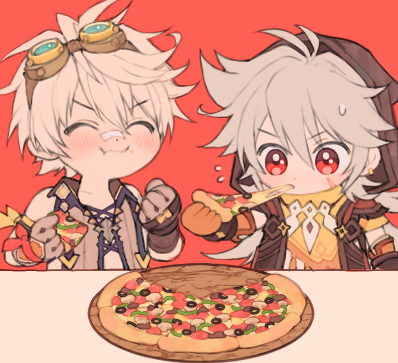 2boys bennett_(genshin_impact) blush brown_gloves cheese_trail chibi clenched_hand closed_eyes eating flying_sweatdrops food food_in_mouth genshin_impact gloves goggles goggles_on_head grey_hair hair_between_eyes holding holding_food hood hood_up long_hair male_focus multiple_boys orange_gloves pizza razor_(genshin_impact) razor_is_cute red_background red_eyes scar scar_on_face simple_background sleeveless sweat upper_body
