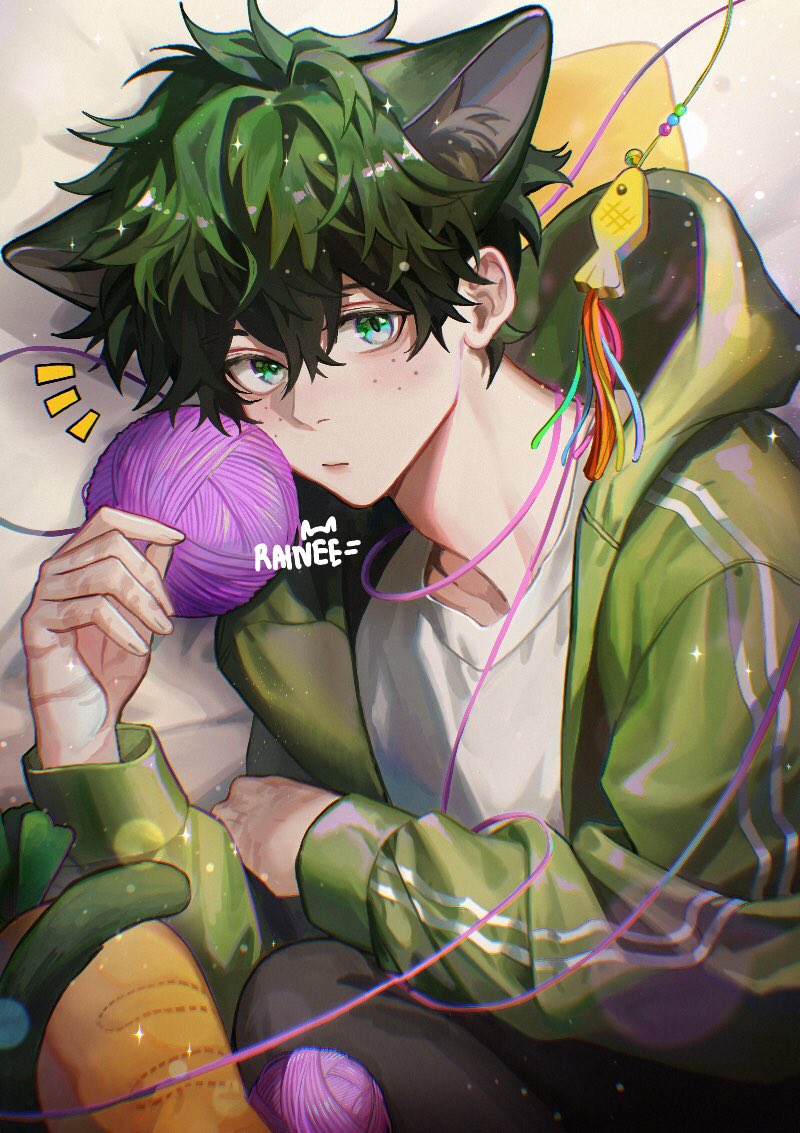1boy animal_ear_fluff animal_ears artist_name blush boku_no_hero_academia cat_ears cat_teaser closed_mouth commentary_request freckles green_eyes green_hair green_hoodie hair_between_eyes hand_up hood hood_down hoodie lens_flare light_particles long_sleeves looking_at_viewer lying male_focus midoriya_izuku notice_lines on_side open_clothes open_hoodie raineemeow shirt short_hair solo stuffed_carrot stuffed_toy thai_commentary white_shirt yarn yarn_ball