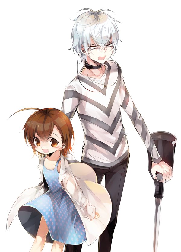 1boy 1girl :d accelerator_(toaru_majutsu_no_index) age_difference ahoge angry arms_at_sides asamiyajy black_choker black_pants blue_dress blush bob_cut brown_hair choker clothes_lift commentary crutch diagonal-striped_shirt dress dress_lift dress_shirt feet_out_of_frame floating_clothes from_above grey_shirt hair_between_eyes height_difference last_order_(toaru_majutsu_no_index) long_sleeves looking_at_viewer looking_up messy_hair narrowed_eyes open_clothes open_mouth open_shirt oversized_clothes pants red_eyes sanpaku shirt short_hair shouting simple_background sleeveless sleeveless_dress sleeves_past_wrists smile sundress t-shirt teeth toaru_majutsu_no_index upper_teeth_only v-shaped_eyebrows white_background white_hair white_shirt wind wind_lift