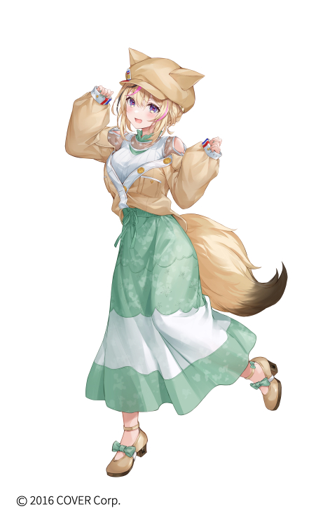 1girl :d animal_ears animal_hat black_hair blonde_hair blush bow breasts brown_footwear brown_headwear cabbie_hat clothing_cutout fake_animal_ears full_body green_bow green_skirt hair_between_eyes hat higeneko hololive long_skirt long_sleeves looking_at_viewer medium_breasts multicolored_hair official_art omaru_polka pink_hair puffy_long_sleeves puffy_sleeves shirt shoes shoulder_cutout simple_background skirt sleeves_past_wrists smile solo standing standing_on_one_leg streaked_hair tail violet_eyes virtual_youtuber white_background white_shirt