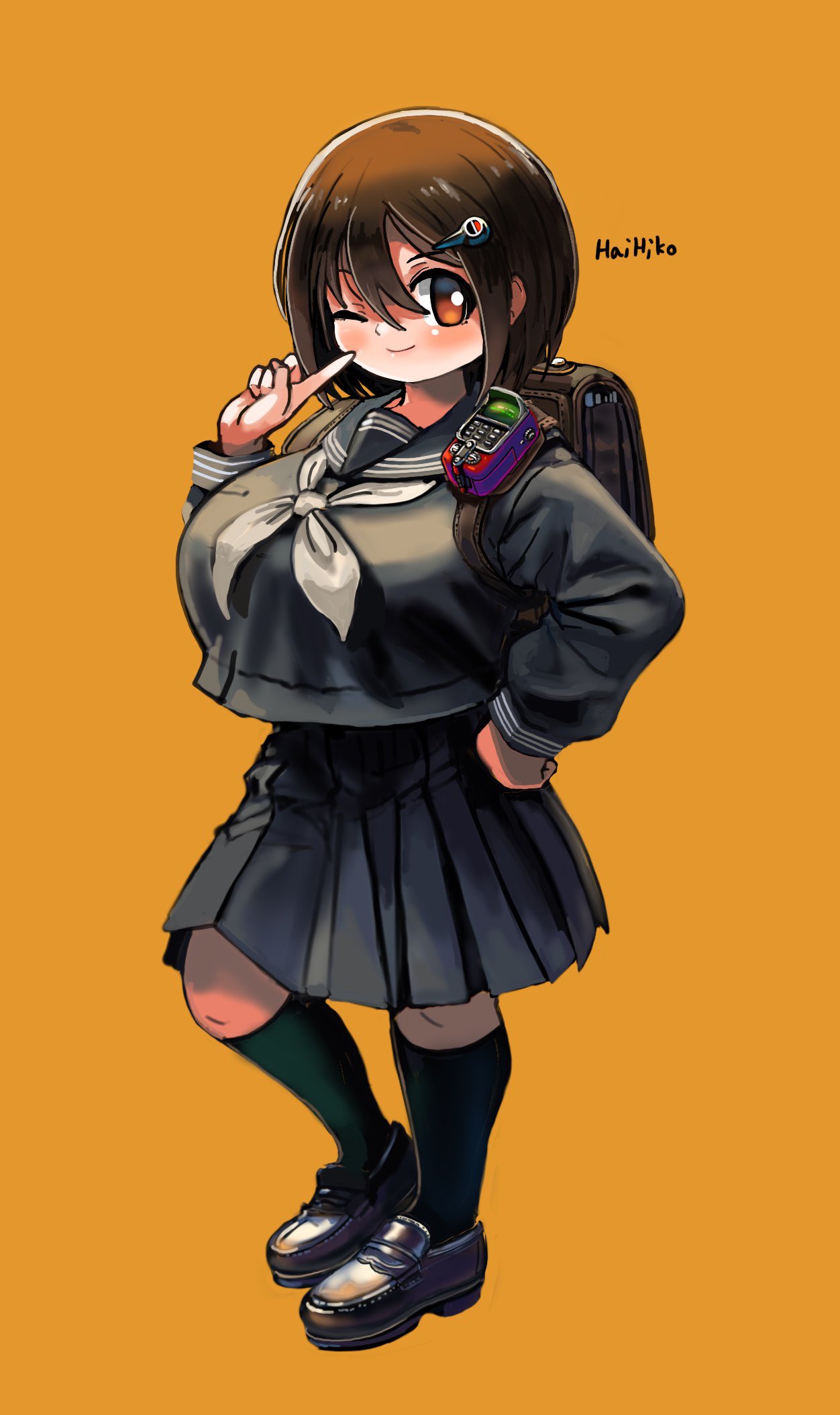 1girl artist_name backpack bag black_serafuku breasts brown_eyes brown_hair commentary_request full_body hai_to_hickory hair_between_eyes hair_ornament hand_on_own_hip highres huge_breasts kneehighs loafers medium_breasts medium_skirt one_eye_closed orange_background original pleated_skirt randoseru school_uniform serafuku shoes signature skirt smile socks solo