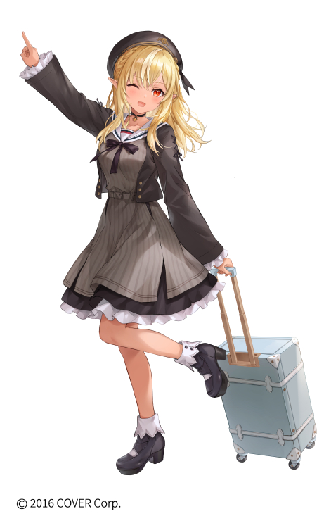 1girl ;d arm_up beret black_footwear black_headwear black_jacket blonde_hair bobby_socks braid breasts dress frilled_sleeves frills full_body grey_dress hair_between_eyes hat higeneko holding hololive jacket long_hair looking_at_viewer medium_breasts multicolored_hair official_art one_eye_closed open_clothes open_jacket pointing pointy_ears red_eyes rolling_suitcase sailor_collar sailor_dress shiranui_flare shoes simple_background smile socks solo standing standing_on_one_leg streaked_hair suitcase virtual_youtuber white_background white_sailor_collar white_socks