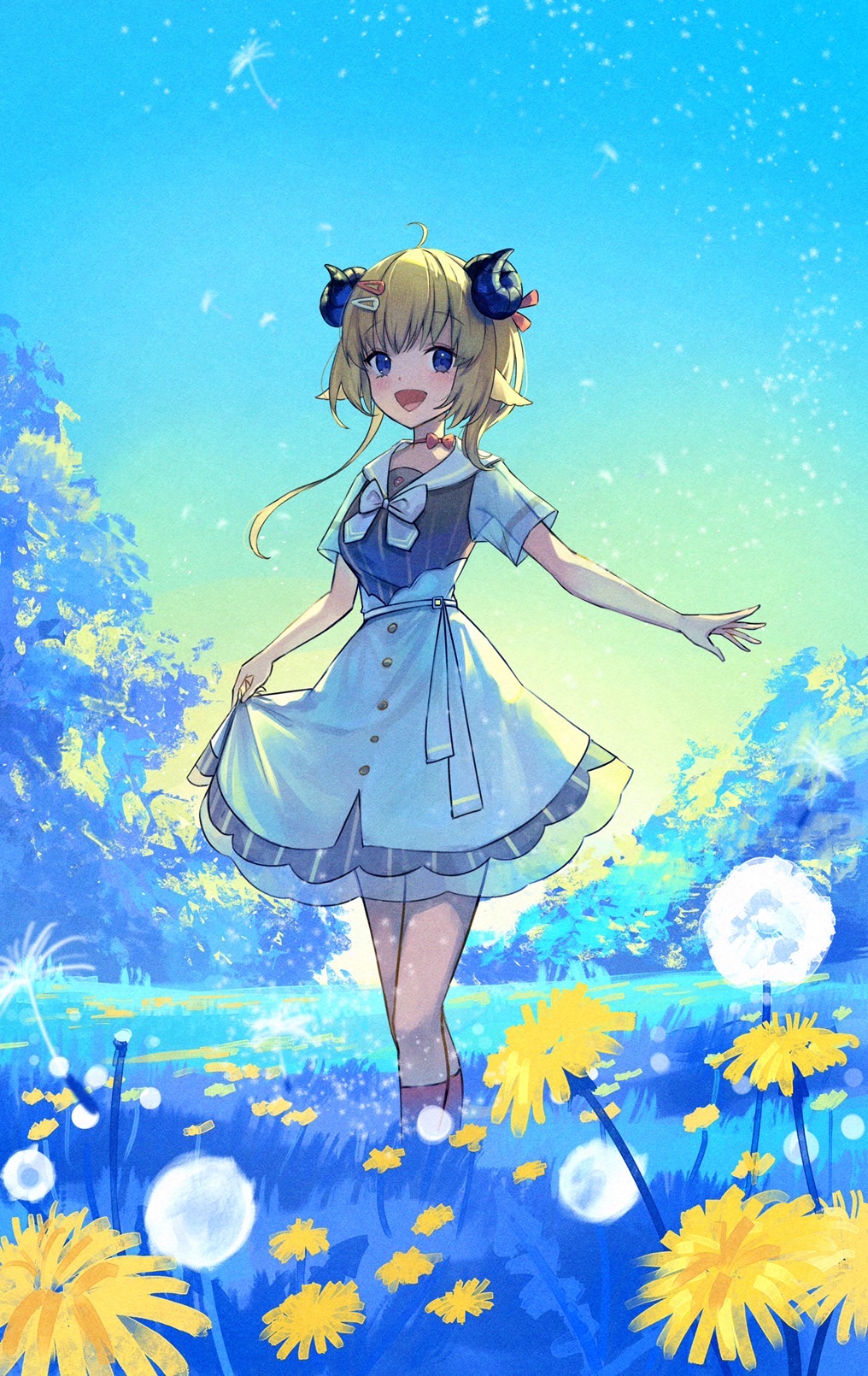 1girl :d ahoge animal_ears blonde_hair blue_eyes bow bowtie choker commentary_request crossed_legs curtsey dandelion dress flower hair_ornament hairclip high-waist_skirt highres hololive horns kneehighs light_blush looking_at_viewer meadow miniskirt official_alternate_costume official_alternate_hair_length official_alternate_hairstyle open_mouth outdoors overskirt pinstripe_dress pinstripe_pattern red_choker ribbon_choker sailor_collar sailor_dress see-through see-through_sleeves sheep_ears sheep_girl sheep_horns short_dress short_hair short_sleeves side_ponytail skirt skirt_hold smile socks solo striped striped_dress tsunomaki_watame tsunomaki_watame_(3rd_costume) vertical-striped_dress vertical_stripes virtual_youtuber watson_cross white_bow white_bowtie white_skirt xyunx