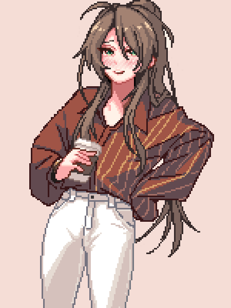 blush brown_background brown_hair casual coffee_cup cowboy_shot cup denim disposable_cup girls_frontline green_eyes hand_on_own_hip holding holding_cup jeans lee-enfield_(girls'_frontline) long_hair long_sleeves pants pixel_art ponytail red_shirt shirt shirt_tucked_in simple_background smile very_long_hair white_pants yiricannon