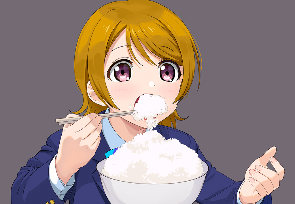 1girl a1 bowl brown_hair chopsticks commentary eating english_commentary grey_background holding holding_chopsticks koizumi_hanayo love_live! love_live!_school_idol_project open_mouth rice short_hair simple_background solo violet_eyes