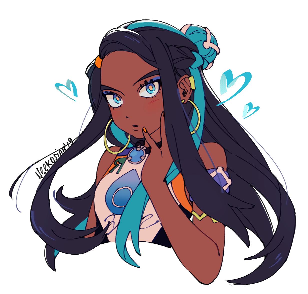 1girl aqua_eyes aqua_hair bikini black_hair blue_eyeshadow blush breasts cropped_torso dark-skinned_female dark_skin earrings english_commentary eyeshadow hair_bun heart hoop_earrings jewelry long_hair looking_at_viewer makeup multicolored_hair nail_polish neekosiah nessa_(pokemon) orange_nails pokemon pokemon_(game) pokemon_swsh signature single_hair_bun small_breasts solo swimsuit tankini white_background