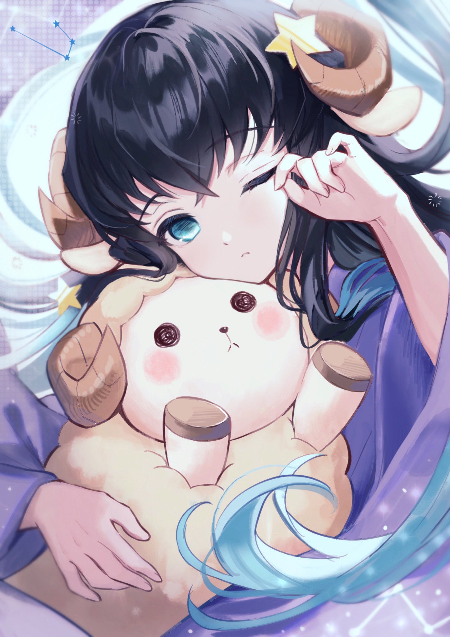 1boy androgynous animal_ears aqua_eyes aqua_hair bishounen black_hair closed_mouth commentary_request gradient_hair hair_ornament hand_up highres holding holding_stuffed_toy horns japanese_clothes kemonomimi_mode kimetsu_no_yaiba kimono long_hair long_sleeves looking_at_viewer male_focus mugimochi_(mg_mochi3) multicolored_hair one_eye_closed purple_kimono rubbing_eyes sheep_boy sheep_ears sheep_horns solo star_(symbol) star_hair_ornament stuffed_animal stuffed_sheep stuffed_toy tokitou_muichirou upper_body wide_sleeves