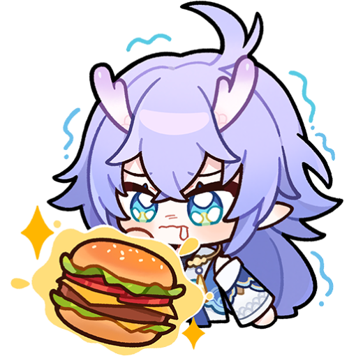 1girl ahoge bailu_(honkai:_star_rail) blush burger chibi chinese_clothes english_commentary food honkai:_star_rail honkai_(series) horns hungry long_hair looking_at_food official_art pointy_ears saliva solo transparent_background trembling