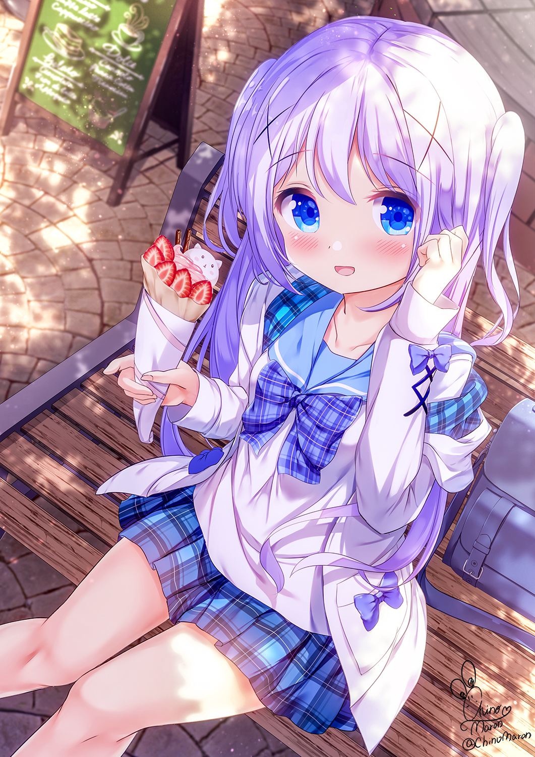 1girl artist_name bench blue_eyes blue_hair blue_skirt blush chinomaron collarbone crepe day food gochuumon_wa_usagi_desu_ka? hair_ornament highres holding holding_food kafuu_chino light_blue_hair long_hair long_sleeves open_mouth plaid plaid_skirt pleated_skirt signature sitting skirt smile solo tippy_(gochiusa) twitter_username x_hair_ornament