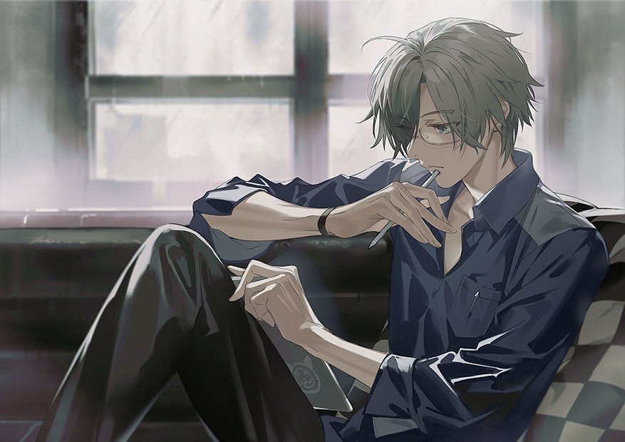 1boy akiyoshi_haru bespectacled black_bracelet black_hair black_pants blue_shirt blurry blurry_background bracelet commentary couch feet_out_of_frame glasses gradient_hair grey_eyes grey_hair hair_over_one_eye indoors jewelry knee_up long_sleeves looking_down ludger_will_kresnik male_focus multicolored_hair pants pillow shirt solo stylus tablet_pc tales_of_(series) tales_of_xillia tales_of_xillia_2 window