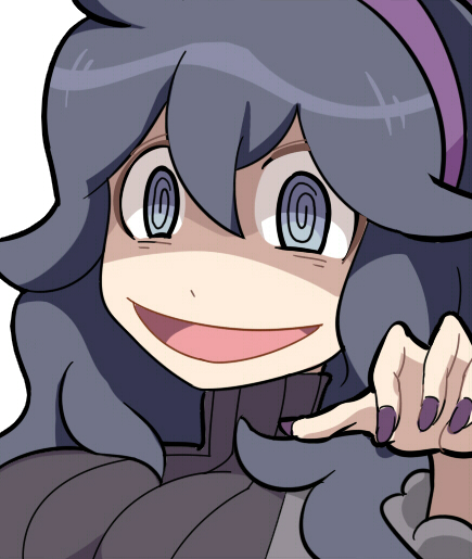 1girl @_@ black_dress black_hair commentary_request dress fingernails grey_eyes hair_between_eyes hairband hex_maniac_(pokemon) hospital_king long_bangs looking_at_viewer messy_hair open_mouth pokemon pokemon_(game) pokemon_xy profile purple_hairband purple_nails shaded_face simple_background smile solo white_background