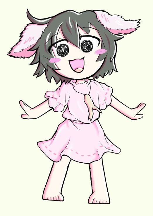 1boy animal_ears barefoot black_eyes black_hair blush blush_stickers commentary_request cookie_(touhou) cowlick drddrddo floppy_ears full_body ginger_root hair_between_eyes inaba_tewi jun_(cookie) long_bangs looking_at_viewer male_focus open_mouth pink_shirt pink_skirt rabbit_boy rabbit_ears ribbon-trimmed_skirt ribbon-trimmed_sleeves ribbon_trim shirt short_hair simple_background skirt smile solo standing touhou