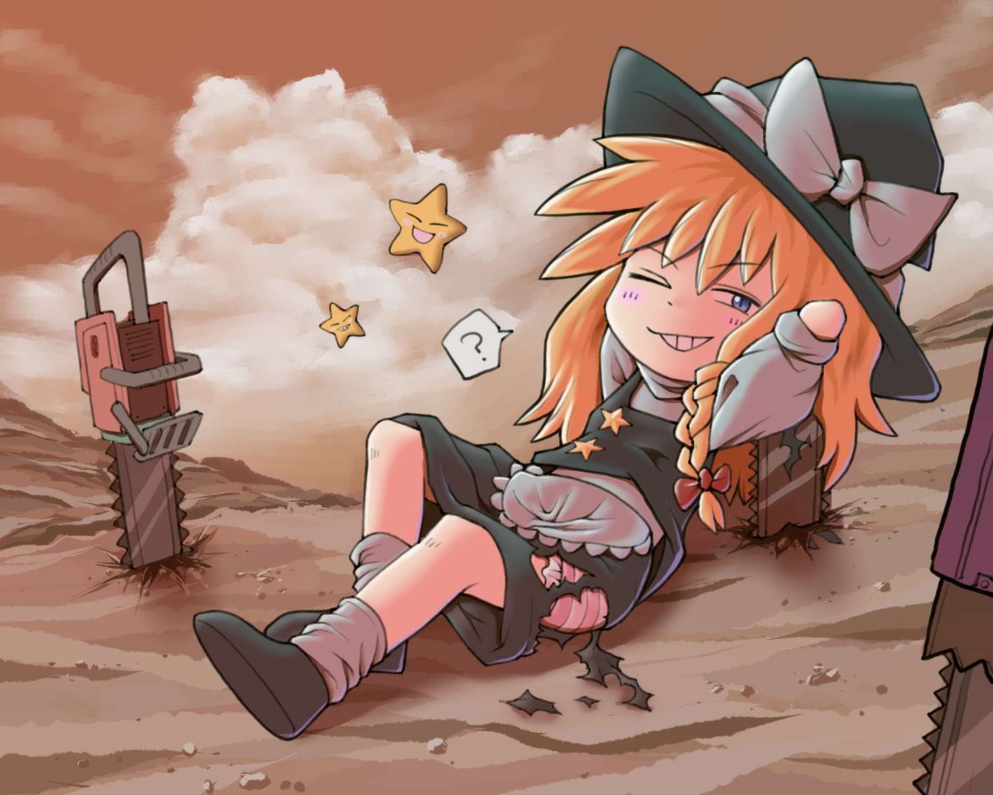 1girl apron black_footwear black_headwear black_skirt black_vest blonde_hair blue_eyes blush bow braid brown_sky chainsaw clouds commentary_request cookie_(touhou) dirt drddrddo flat_chest full_body grin hair_bow hat hat_bow kirisame_marisa long_hair looking_at_viewer one_eye_closed planted_chainsaw puffy_short_sleeves puffy_sleeves red_bow shirt shoes short_sleeves single_braid skirt skirt_set slit_pupils smile socks solo star_(symbol) suzu_(cookie) torn_clothes torn_skirt touhou unusually_open_eyes vest waist_apron white_apron white_bow white_shirt white_socks witch_hat