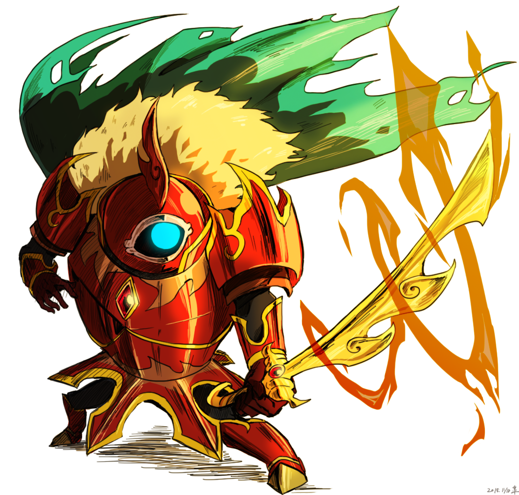 armor blue_eyes cape fighting_stance fire flaming_sword flaming_weapon fur-trimmed_cape fur_trim gem green_cape helmet holding holding_sword holding_weapon knight no_humans one-eyed puyopuyo puyopuyo_quest red_armor red_gemstone shigeshiro_hideto sword weapon white_background zoltan_(puyopuyo)