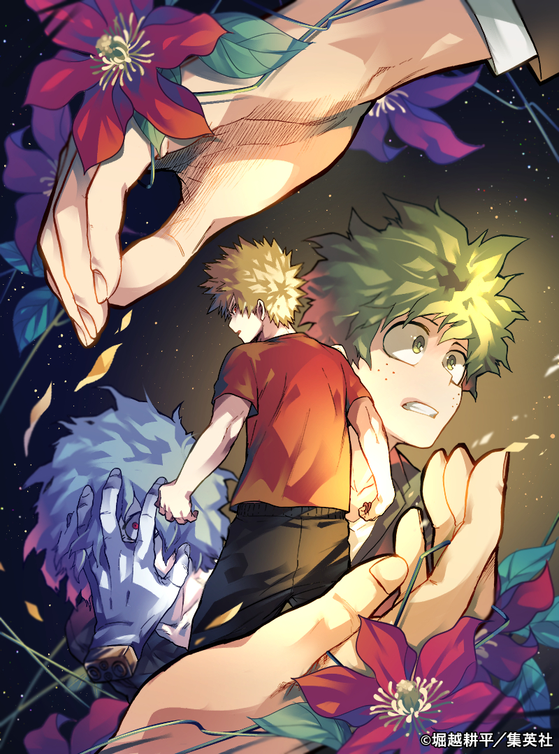 4boys all_for_one_(boku_no_hero_academia) artist_name bakugou_katsuki black_background black_jacket black_outline black_pants black_shirt blonde_hair bloom blue_hair blurry boku_no_hero_academia bright_pupils clematis_(flower) clenched_teeth collarbone colored_skin commentary_request copyright covered_face cropped_torso depth_of_field disembodied_limb falling_petals fingernails floating_hair flower freckles from_behind green_eyes green_hair green_pupils hair_between_eyes horikoshi_kouhei jacket lapels leaf light looking_afar looking_ahead looking_at_viewer looking_away looking_back male_focus messy_hair midoriya_izuku mogusamaru multiple_boys notched_lapels one_eye_covered orange_shirt outline pale_skin pants parted_lips partial_commentary petals pink_flower pink_skin profile recolored red_eyes rotational_symmetry sanpaku shigaraki_tomura shirt short_hair short_sleeves shounen_jump spiky_hair spoilers starry_background t-shirt teeth turning_head upper_body white_shirt wide-eyed