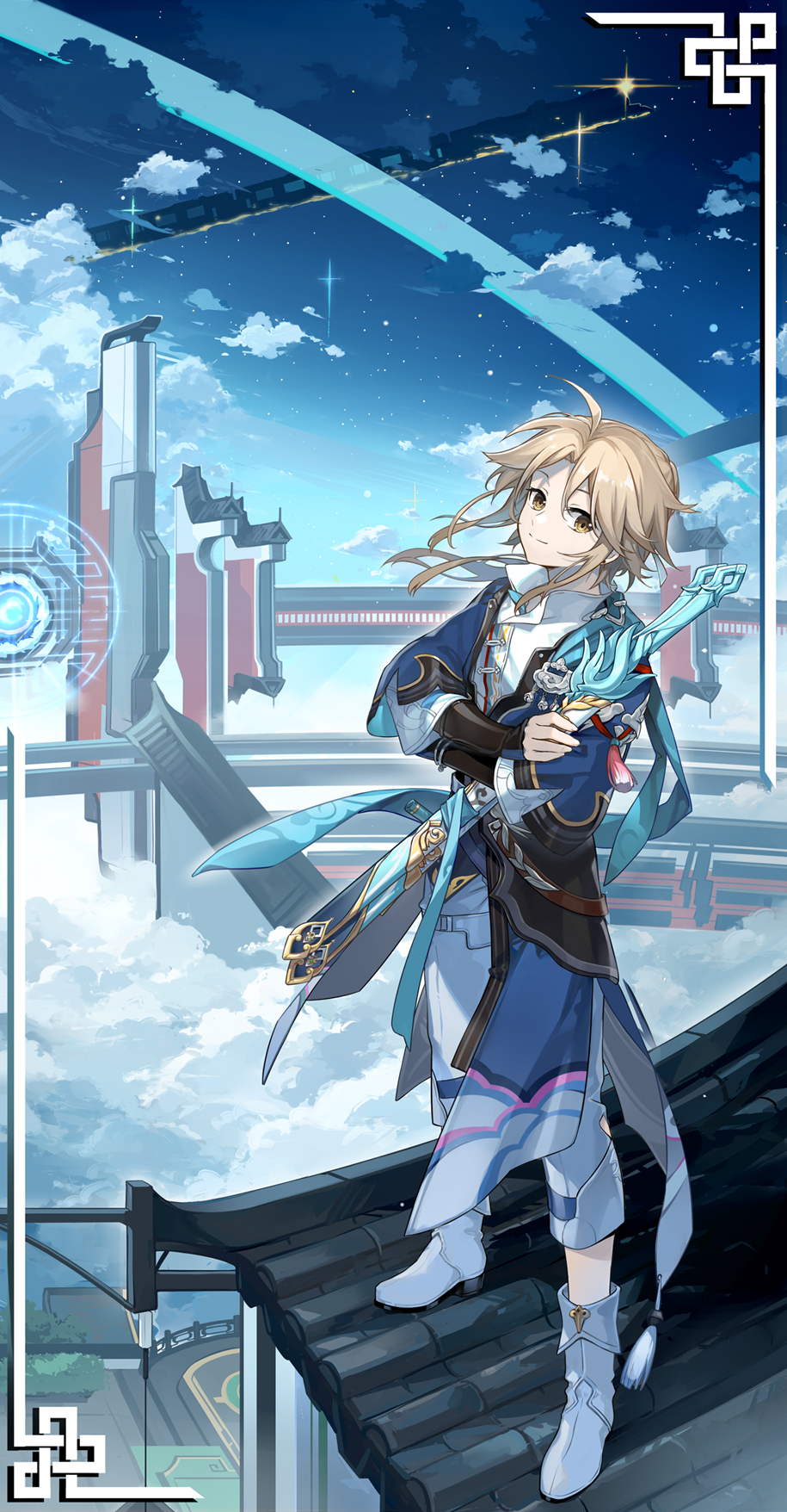 1boy ahoge androgynous armor blonde_hair boots chinese_clothes clouds crossed_arms earrings floating_city full_body highres holding holding_sword holding_weapon honkai:_star_rail honkai_(series) japanese_armor jewelry kinoshita_neko kote looking_at_viewer male_focus pants sky smile solo star_(sky) stud_earrings sword weapon white_footwear white_pants yanqing_(honkai:_star_rail) yellow_eyes