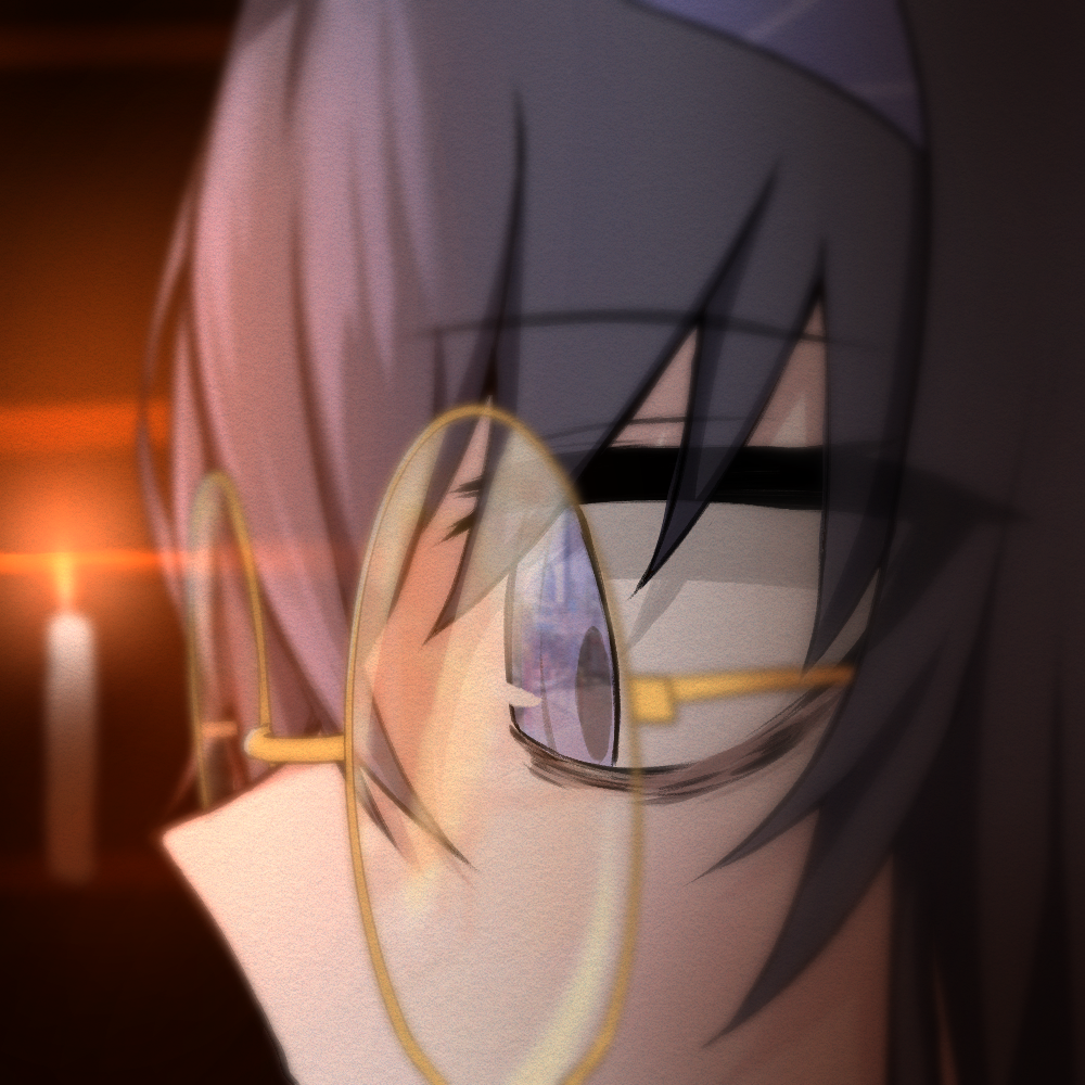 1girl bags_under_eyes black_hair blue_archive blurry candle candlelight commentary_request depth_of_field fire from_side glasses hair_between_eyes hairband indoors long_hair looking_to_the_side nose nyuusankin_hirota_kabu profile reflection sidelocks solo ui_(blue_archive) violet_eyes zooming_in