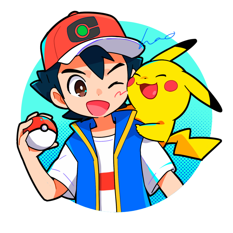 1boy ;d ash_ketchum black_hair blue_vest border bright_pupils brown_eyes commentary_request green_background hand_up hao_(00hao00) hat holding holding_poke_ball male_focus on_shoulder one_eye_closed open_mouth pikachu poke_ball poke_ball_(basic) pokemon pokemon_(anime) pokemon_(creature) pokemon_journeys pokemon_on_shoulder shirt short_sleeves signature smile t-shirt vest white_border white_pupils white_shirt