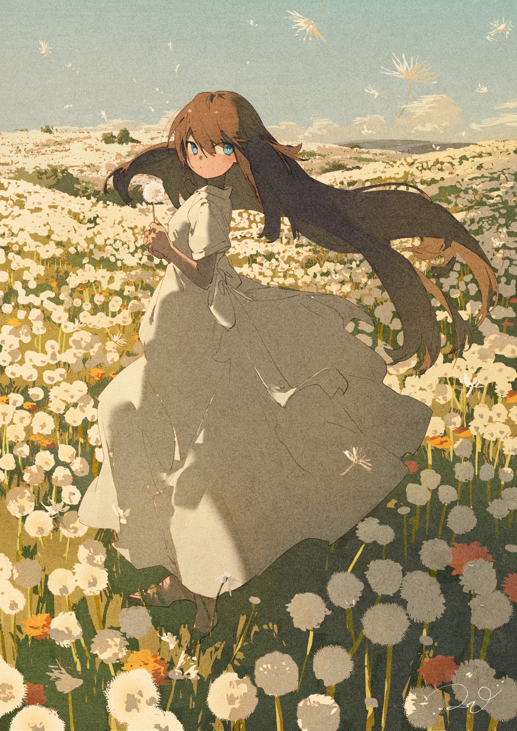 1girl back_bow barefoot blue_eyes blue_sky bow breasts brown_hair closed_mouth clouds cloudy_sky daisy day dress expressionless field floating_hair flower flower_field full_body grass hair_between_eyes highres hill holding holding_flower landscape long_hair looking_to_the_side meadow medium_breasts nature on_grass on_ground original outdoors potg_(piotegu) rural scenery sepia short_sleeves sidelocks sky solo standing tree white_dress white_flower wind