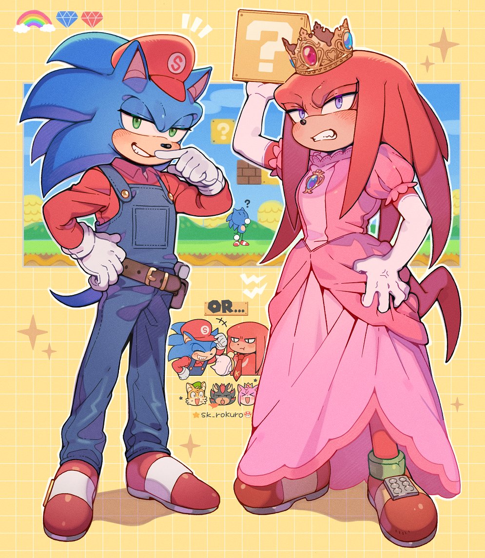 +++ 1girl 4boys :t ? ?_block ^_^ amy_rose arm_up artist_name belt belt_pouch block blue_gemstone blue_overalls blue_pants blue_sky blush brown_belt buttons chaos_emerald clenched_teeth closed_eyes clouds collared_shirt commentary cosplay crossdressing crown dress elbow_gloves english_commentary furry furry_female furry_male gem gem_(symbol) gloves grass green_eyes grin hand_up hat hill knuckles_the_echidna long_sleeves looking_at_viewer luigi luigi_(cosplay) mario mario_(cosplay) multiple_boys necktie notice_lines overalls pants pink_dress pouch princess_peach princess_peach_(cosplay) puffy_short_sleeves puffy_sleeves rainbow red_footwear red_gemstone red_headwear red_necktie red_shirt shadow_the_hedgehog shirt shoes short_sleeves simple_background sk_rokuro sky smile sonic_(series) sonic_the_hedgehog sparkle super_mario_bros. super_mushroom tails_(sonic) teeth v-shaped_eyebrows violet_eyes white_gloves wing_collar yellow_background
