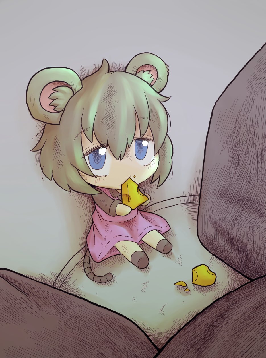 1girl animal_ear_fluff animal_ears bags_under_eyes blue_eyes cheese chibi commentary cookie_(touhou) drddrddo dress eating fake_nyon_(cookie) food full_body grey_hair hair_between_eyes highres holding holding_food long_bangs looking_at_viewer mouse_ears mouse_girl mouse_tail nazrin pink_dress short_hair sitting solo tail touhou