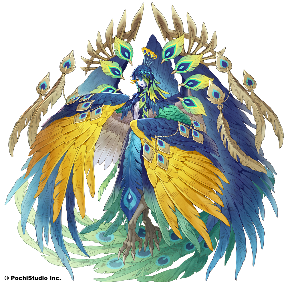 1boy animal_feet bird blue_hair colored_skin copyright_request feather_hair feathers green_hair hair_over_one_eye harpy_boy jewelry looking_at_viewer monster_boy multicolored_hair multiple_wings official_art peacock talons two-tone_hair white_skin winged_arms wings yellow_eyes yuzu_shio