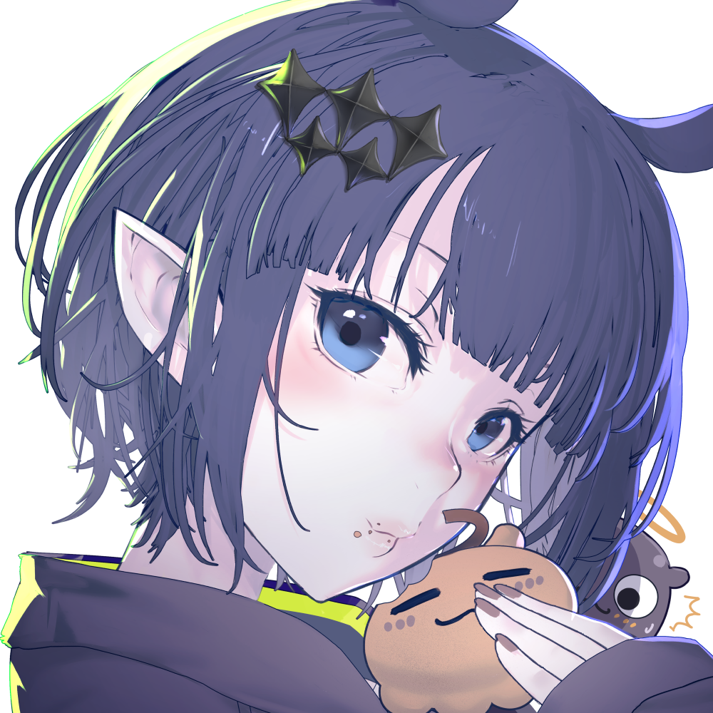 1girl ^^^ black_eyes black_hair blue_eyes blunt_bangs blush brown_nails closed_mouth creature food food_on_face halo holding holding_food hololive hololive_english i-pan long_sleeves looking_at_viewer nail_polish ninomae_ina'nis pointy_ears short_hair sleeves_past_wrists solo surprised upper_body virtual_youtuber wide-eyed