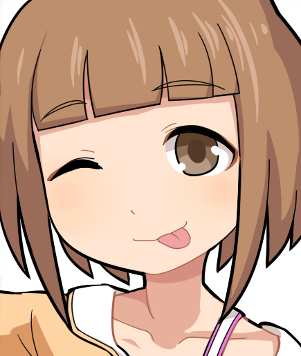 1girl :p blunt_bangs blush brown_eyes brown_hair closed_mouth commentary_request hospital_king idolmaster idolmaster_cinderella_girls kitami_yuzu looking_at_viewer one_eye_closed profile shirt short_hair simple_background smile solo tongue tongue_out white_background yellow_shirt