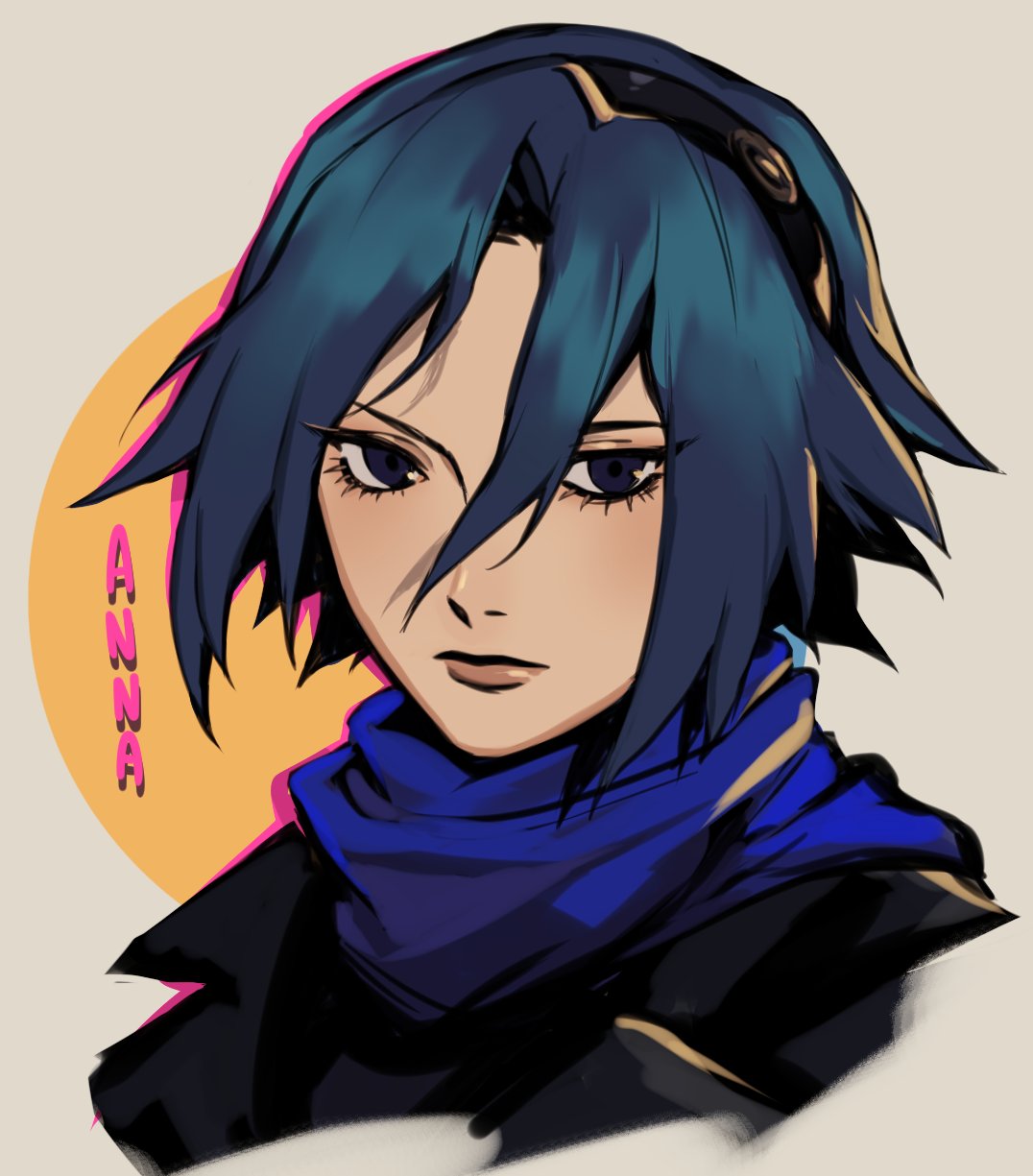 1girl black_jacket blue_eyes blue_hair blue_scarf character_name closed_mouth cropped_shoulders eyelashes hair_between_eyes hairband highres jacket lips looking_at_viewer neekosiah outline persona persona_2 portrait scarf short_hair simple_background solo yoshizaka_anna