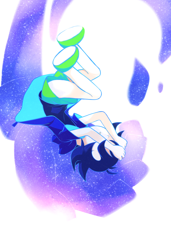 1boy black_hair black_shirt covering_face glowing green_footwear green_shorts hatena_(pop'n_music) hood hoodie male_focus matsujun44 mzd open_clothes open_hoodie open_mouth pop'n_music shirt short_hair short_sleeves shorts size_difference upside-down white_background