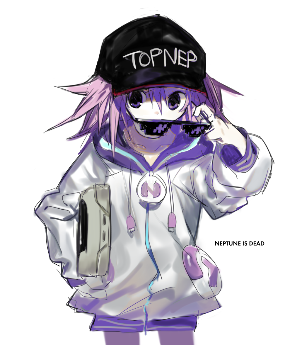 1girl adjusting_eyewear baseball_cap carrying carrying_under_arm character_name collarbone covered_mouth cowboy_shot deal_with_it_(meme) english_commentary english_text game_console hand_up hat hood hood_down hoodie kokaki_mumose long_sleeves looking_over_eyewear medium_hair meme mixed-language_commentary multicolored_clothes multicolored_hoodie neptune_(neptune_series) neptune_(series) purple_hair purple_hoodie solo top_nep_hat violet_eyes white_background white_hoodie