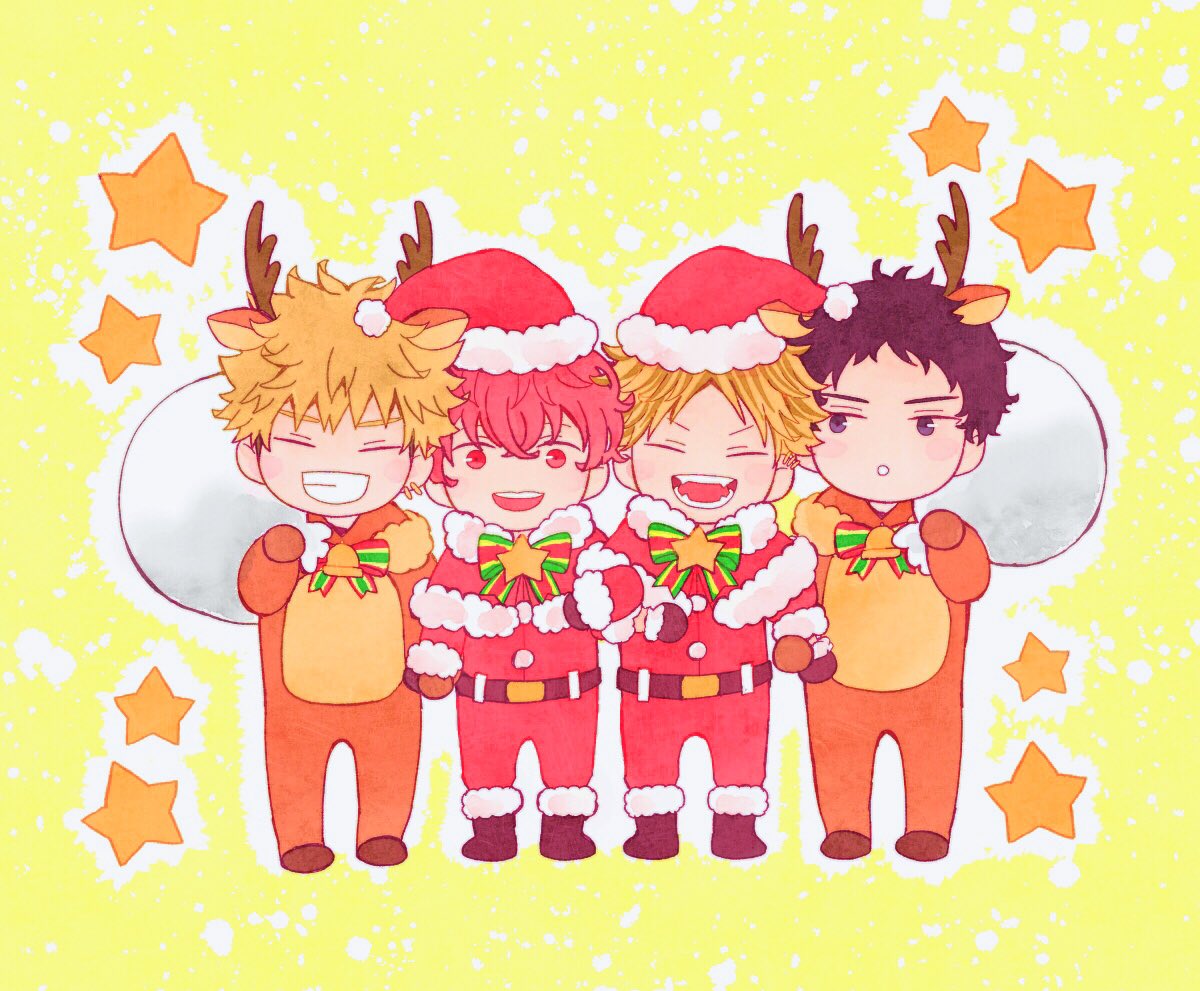 4boys animal_ears antlers bell bibibimix39 black_hair blonde_hair chibi christmas closed_eyes deer_antlers deer_costume deer_ears ear_piercing given hat kashima_hiiragi_(given) male_focus multiple_boys open_mouth outline piercing redhead santa_costume santa_hat satou_mafuyu simple_background starry_background white_outline yagi_shizusumi_(given) yoshida_yuki_(given)