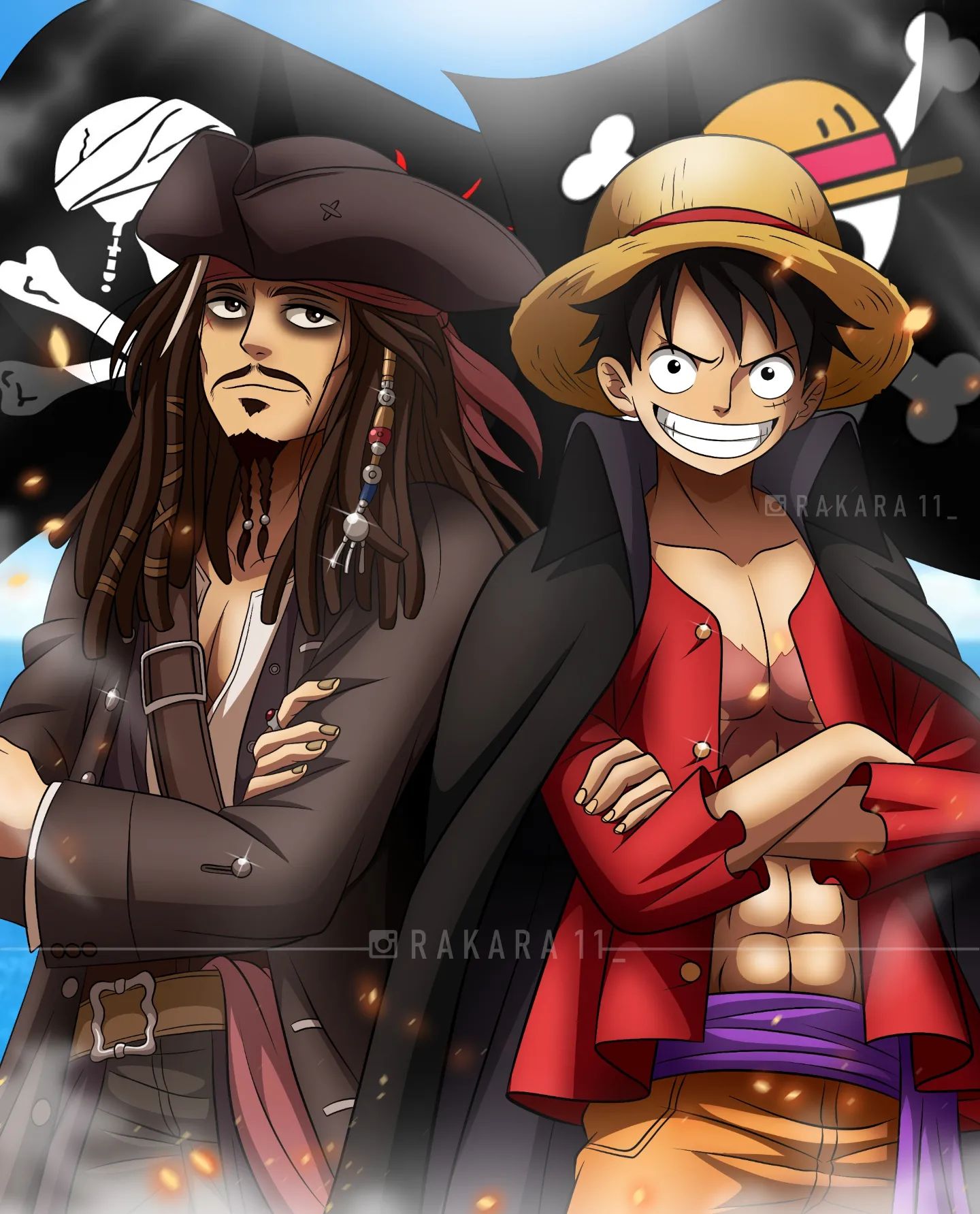2boys artist_name beard black_hair closed_mouth crossed_arms crossover eyeshadow facial_hair hat highres jack_sparrow jewelry jolly_roger long_hair looking_at_viewer makeup monkey_d._luffy multiple_boys mustache one_piece pirate pirate_costume pirate_hat pirates_of_the_caribbean rakkarts ring scar scar_on_cheek scar_on_face short_hair smile straw_hat