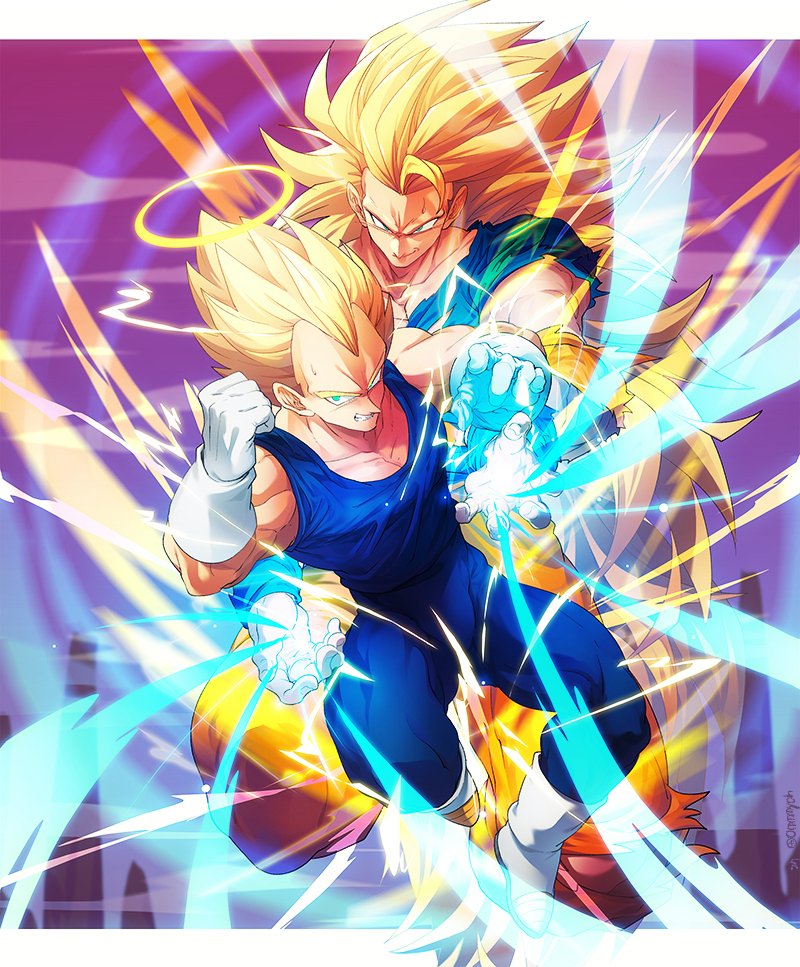 2boys artist_name biceps blonde_hair blue_bodysuit blue_eyes blue_shirt bodysuit boots clenched_hand clenched_teeth closed_mouth clouds collarbone dougi dragon_ball dragon_ball_z electricity energy gloves green_eyes halo hand_up letterboxed long_hair looking_at_viewer male_focus multiple_boys muscular muscular_male no_eyebrows ommmyoh orange_pants outstretched_arm pants pectorals shirt short_sleeves signature sky sleeveless sleeveless_bodysuit smile smirk son_goku spiky_hair super_saiyan super_saiyan_2 super_saiyan_3 sweatdrop teeth torn_clothes twitter_username v-shaped_eyebrows vegeta white_footwear white_gloves widow's_peak