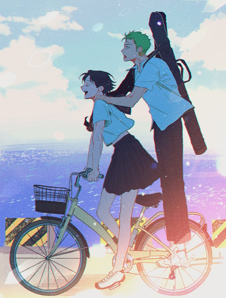 1boy 1girl alternate_costume bicycle bicycle_basket black_hair closed_eyes earrings from_side full_body green_hair ground_vehicle jewelry kuina one_piece open_mouth riding riding_bicycle roronoa_zoro school_uniform short_hair single_earring smile solla385