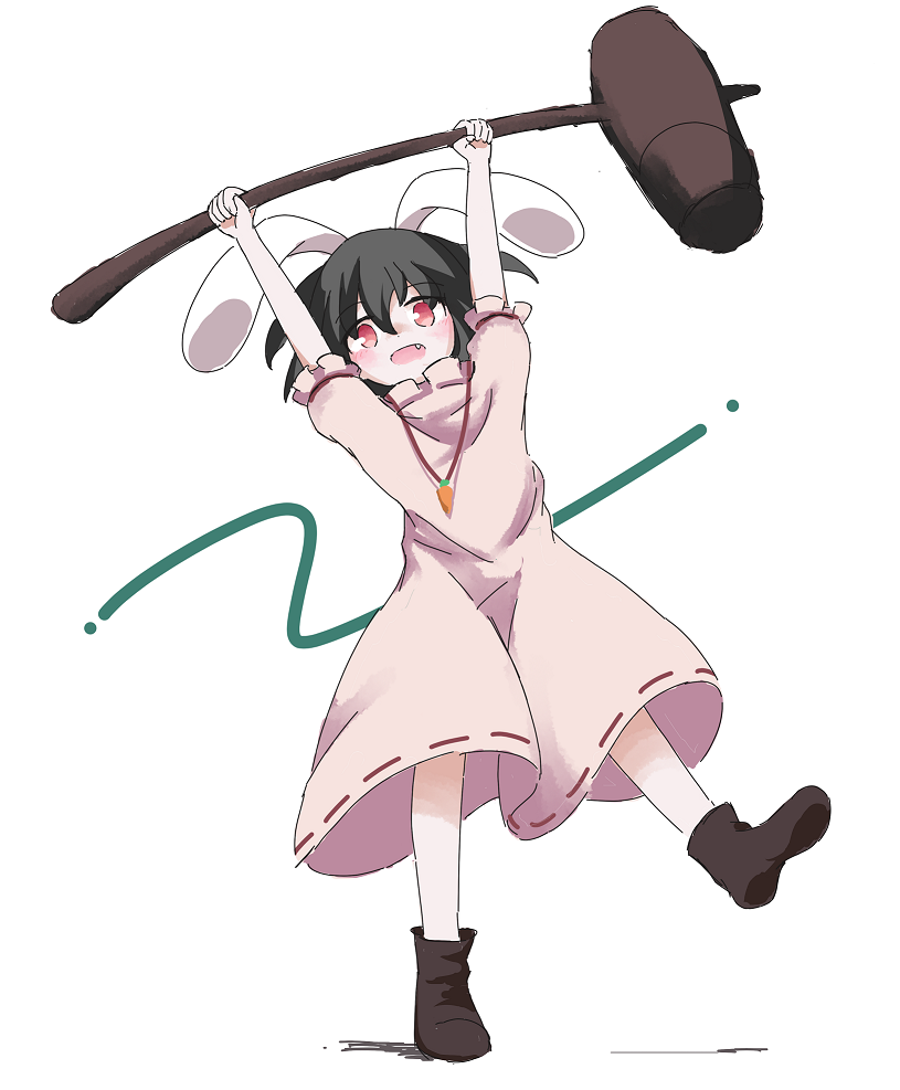 1girl :d \o/ animal_ears ar_(maeus) arms_up black_hair boots carrot_necklace dress fang floppy_ears hair_between_eyes holding holding_mallet inaba_tewi jewelry kine looking_at_viewer mallet necklace open_mouth outstretched_arms pink_dress pink_eyes rabbit_ears short_hair short_sleeves simple_background smile solo standing standing_on_one_leg touhou white_background