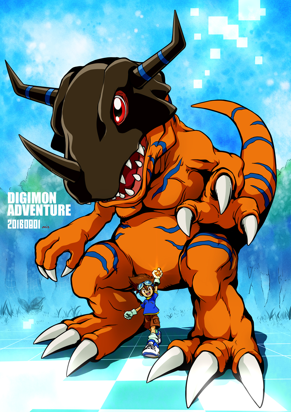 1boy air+ blue_skirt brown_hair brown_shorts claws copyright_name dated digimon digimon_(creature) digimon_adventure digivice dinosaur forest gloves glowing goggles goggles_on_head greymon highres horns nature open_mouth red_eyes sharp_teeth short_hair shorts skirt socks teeth walking white_footwear white_gloves white_socks yagami_taichi