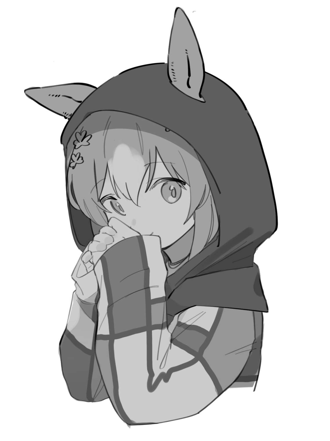 1girl air_shakur_(umamusume) air_shakur_(umamusume)_(cosplay) animal_ears closed_mouth clover_hair_ornament cosplay cropped_torso ears_through_headwear fine_motion_(umamusume) greyscale hair_ornament hands_up highres hood hood_up hoodie horse_ears looking_at_viewer michia_(bourgognepony) monochrome own_hands_together smile solo umamusume upper_body